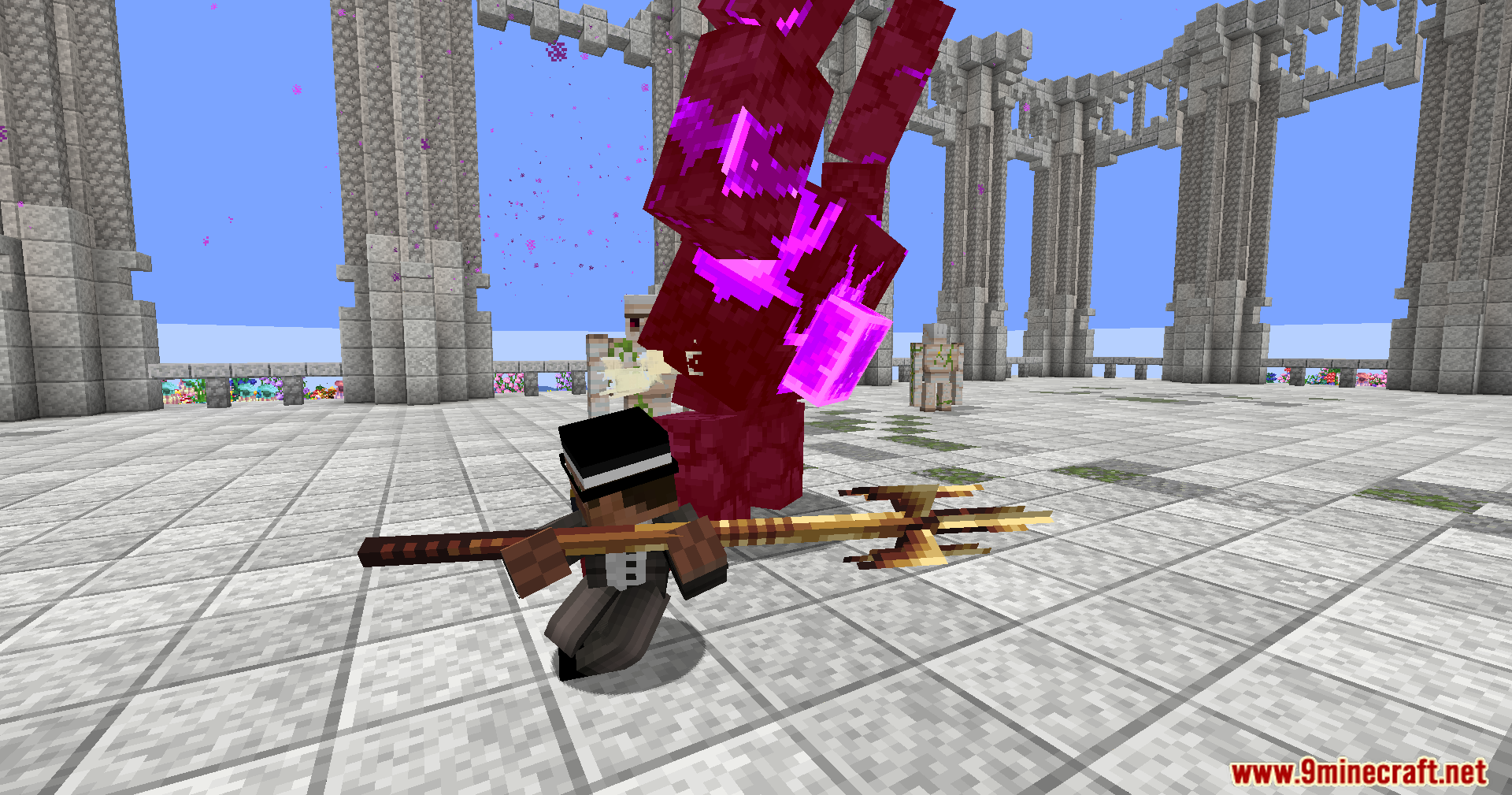 Large custom monster jumping to attack player holding golden spear