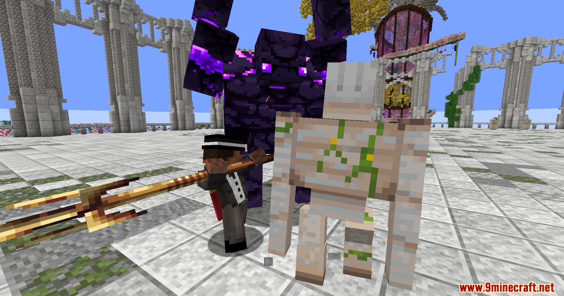 Player holding trident facing dark purple Cataclysm character model and golem