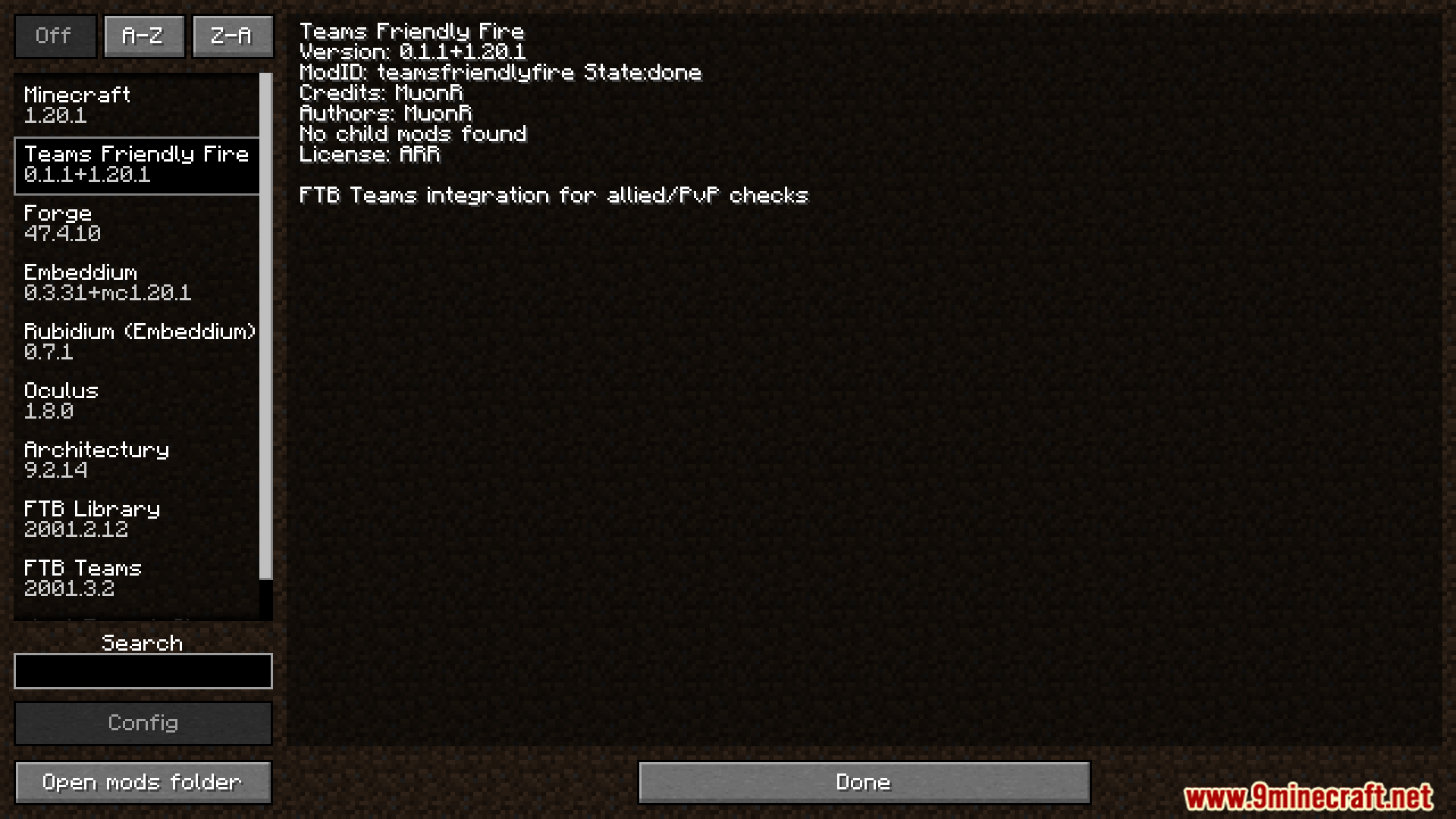 Teams Friendly Fire mod details in the mod list