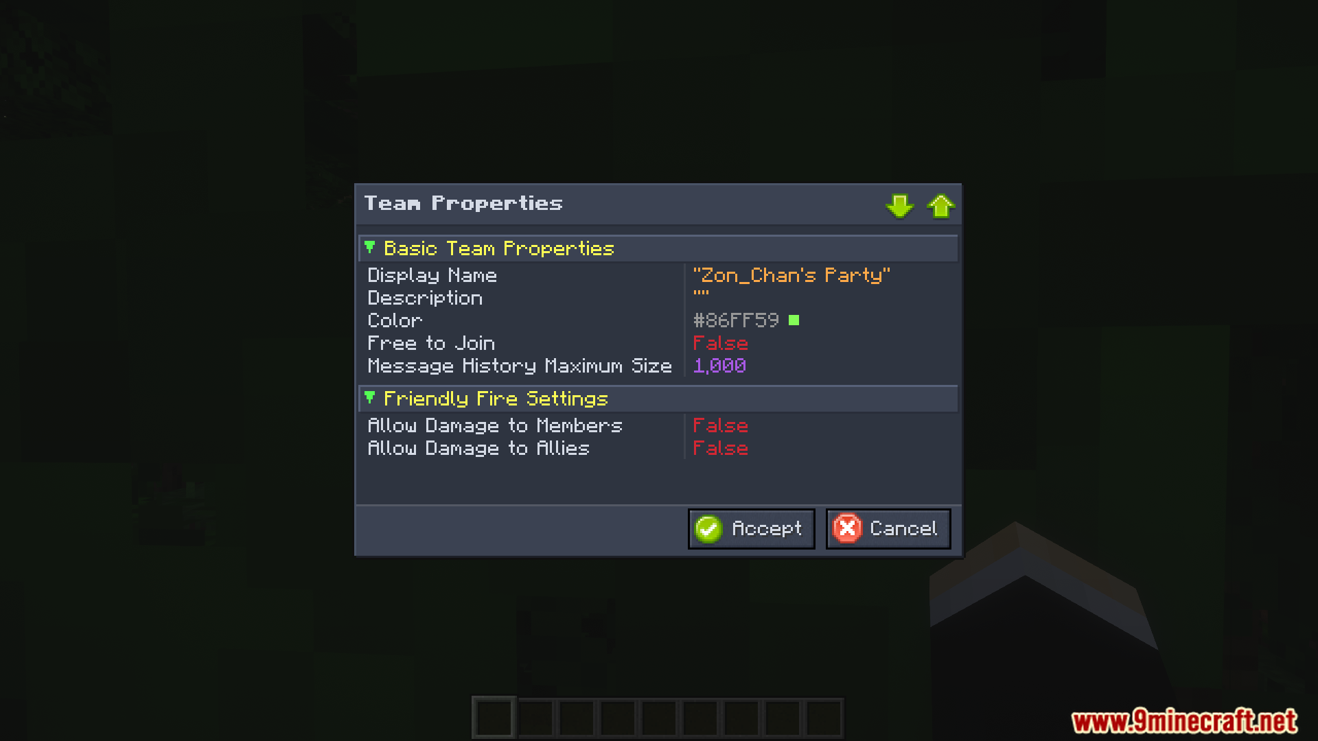 Team properties menu with friendly fire settings disabled