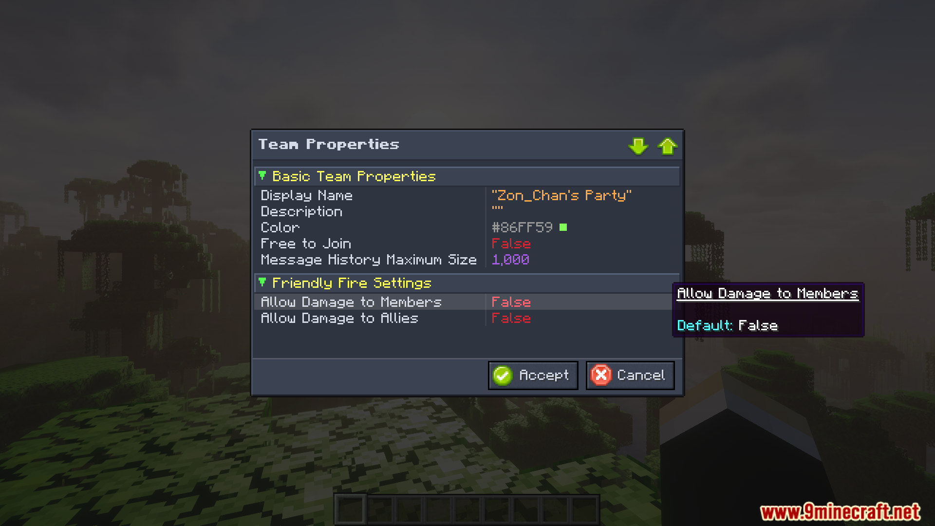 Tooltip for the allow damage to members team setting