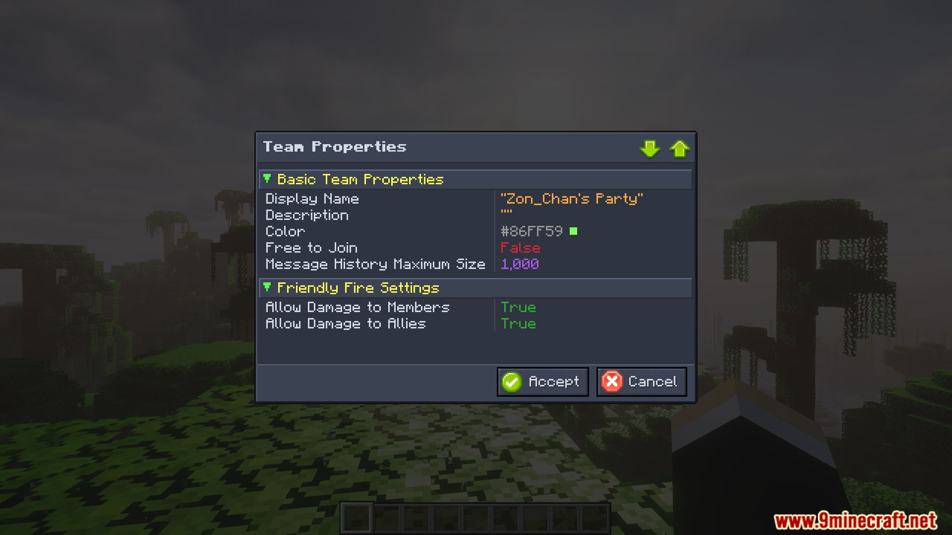 Team properties menu with friendly fire enabled