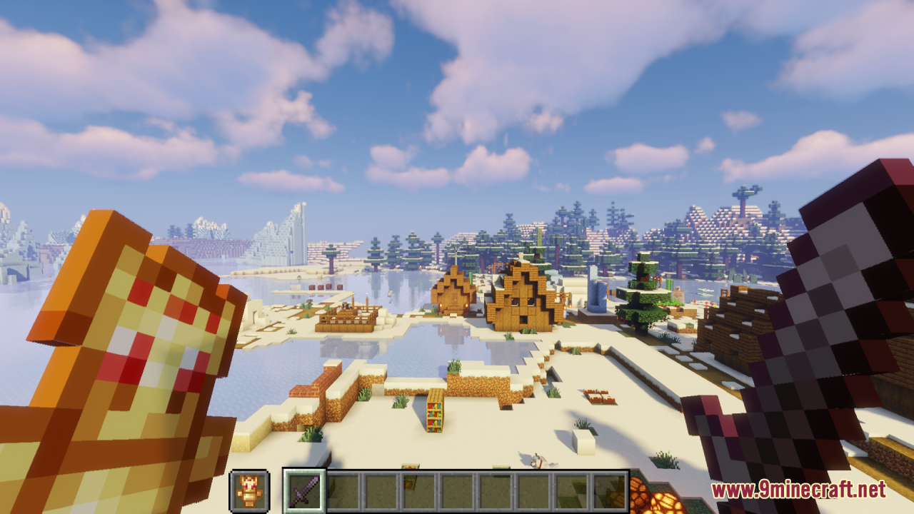 Player holding Technoblade totem and sword overlooking a snowy village