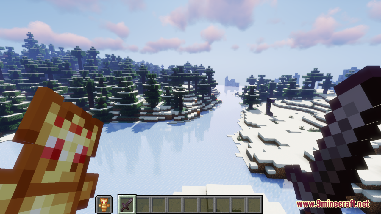 First person view holding Technoblade Totem and sword in snow