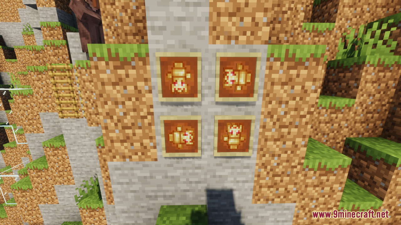 Four Technoblade totems displayed in item frames on a stone wall