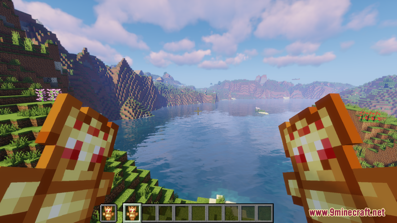 Player holding a Technoblade totem in both hands looking at water