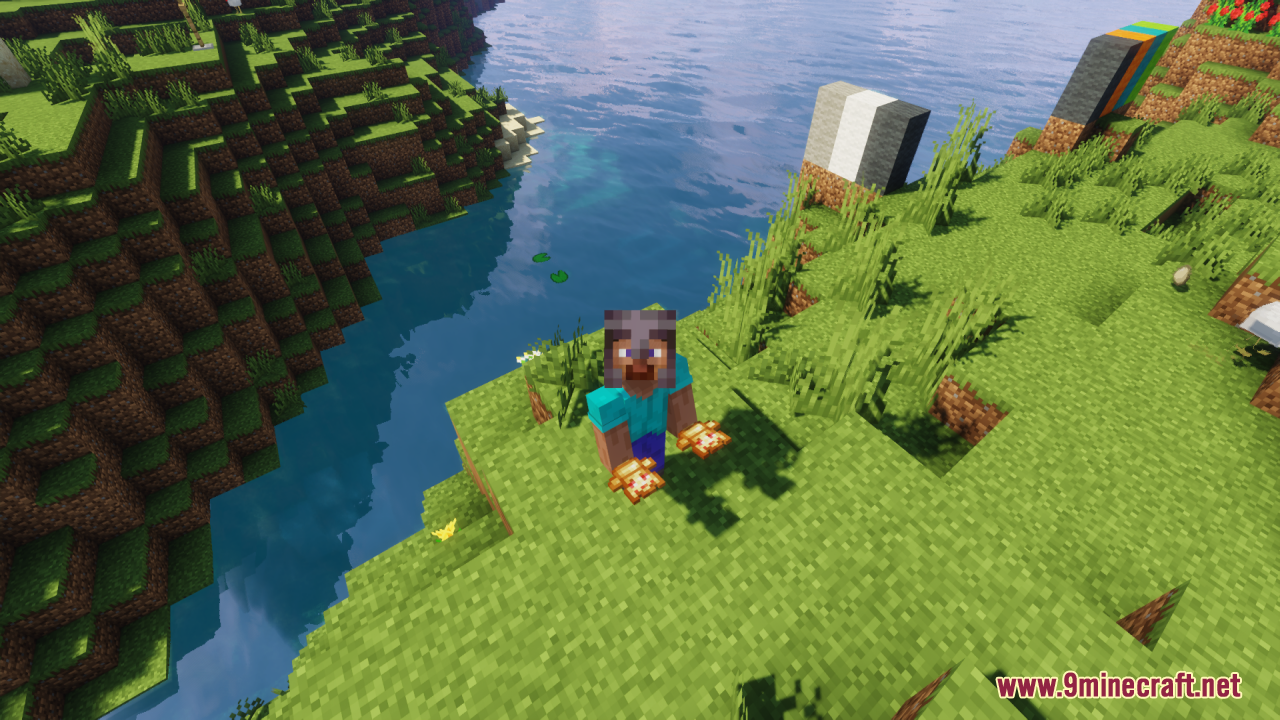 Player character standing near water holding two Technoblade totems in hands