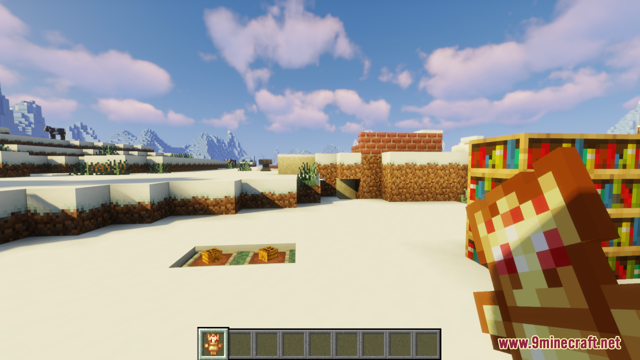 Player holding the Technoblade totem in a snowy Minecraft village