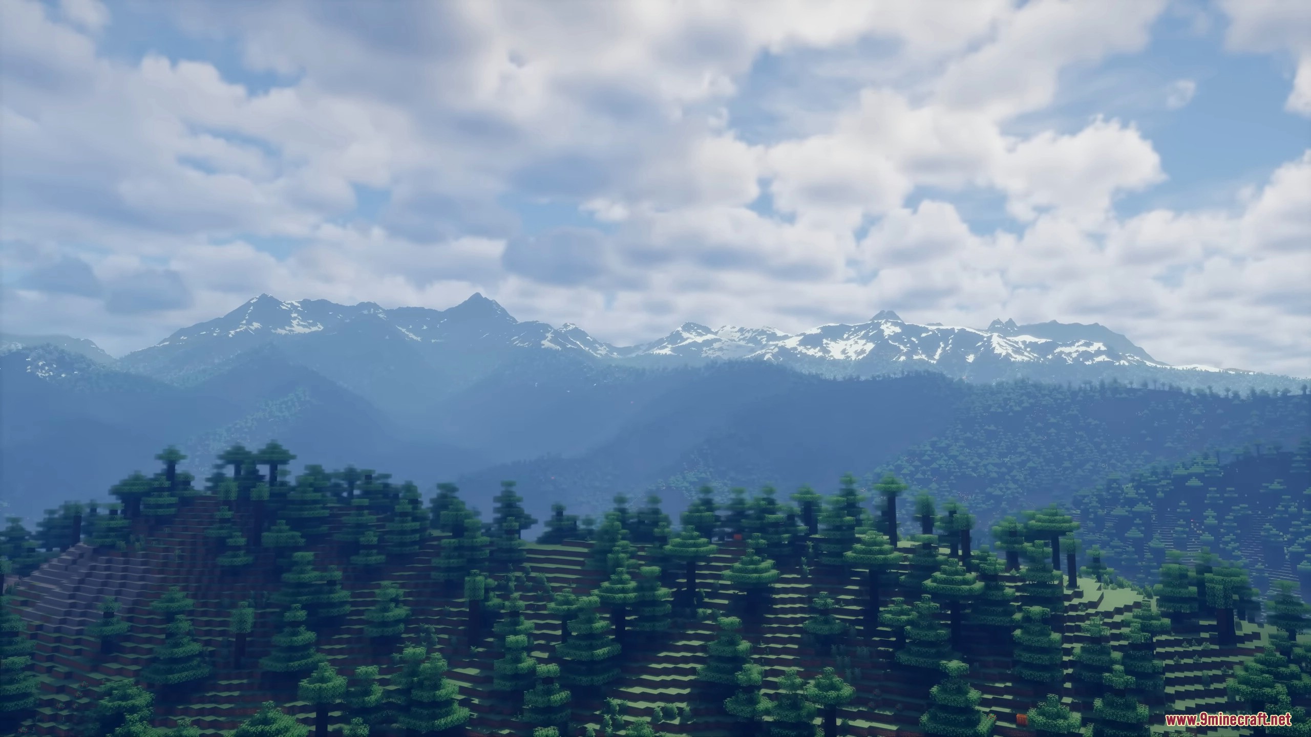 Realistic mountain range generated by Terrain Diffusion mod