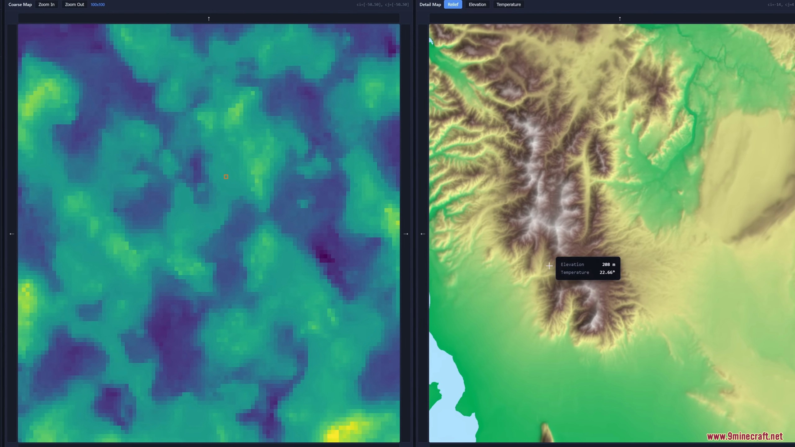 Terrain Diffusion web interface showing elevation and temperature data