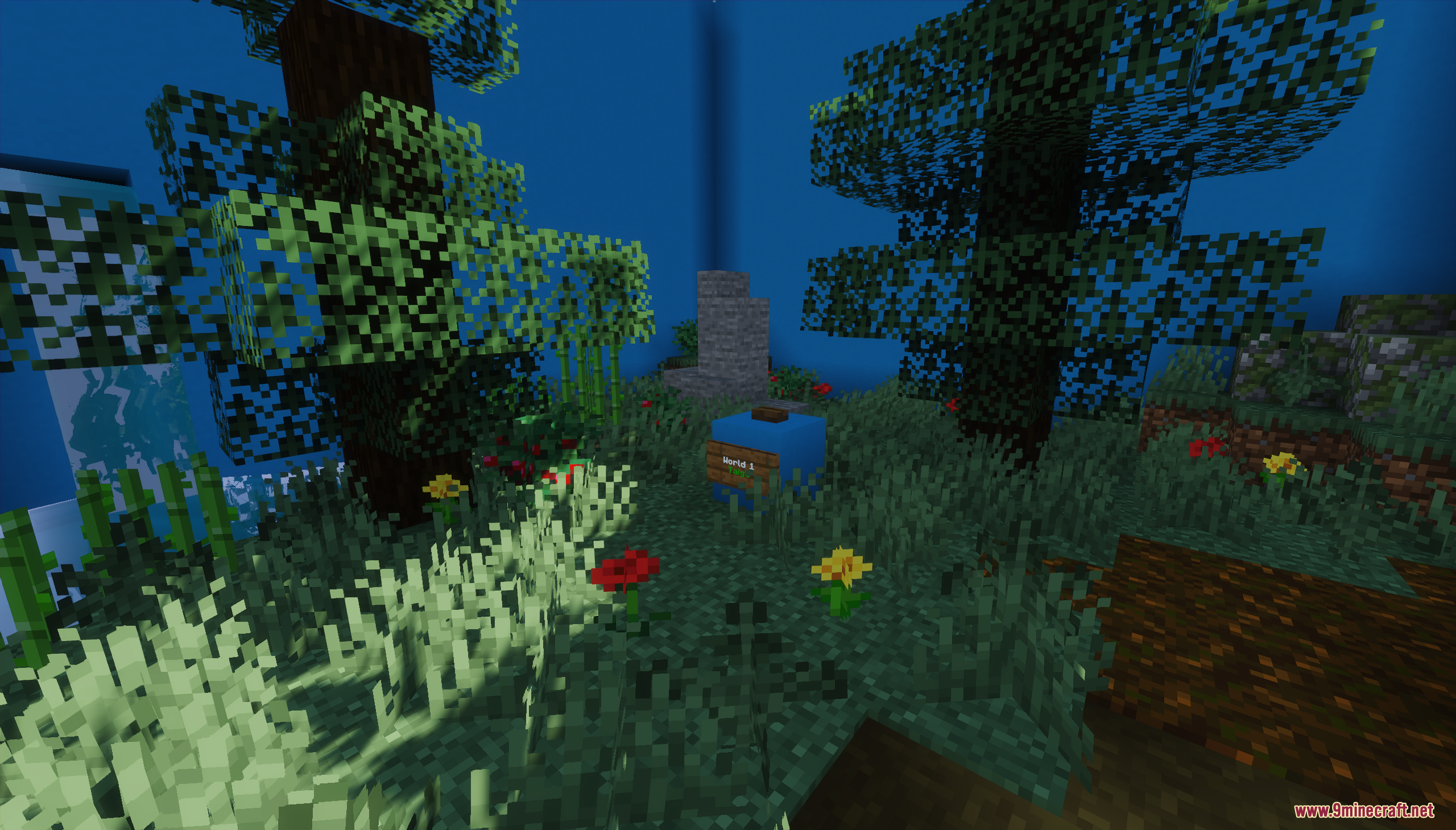 A grassy level with trees and a blue structure