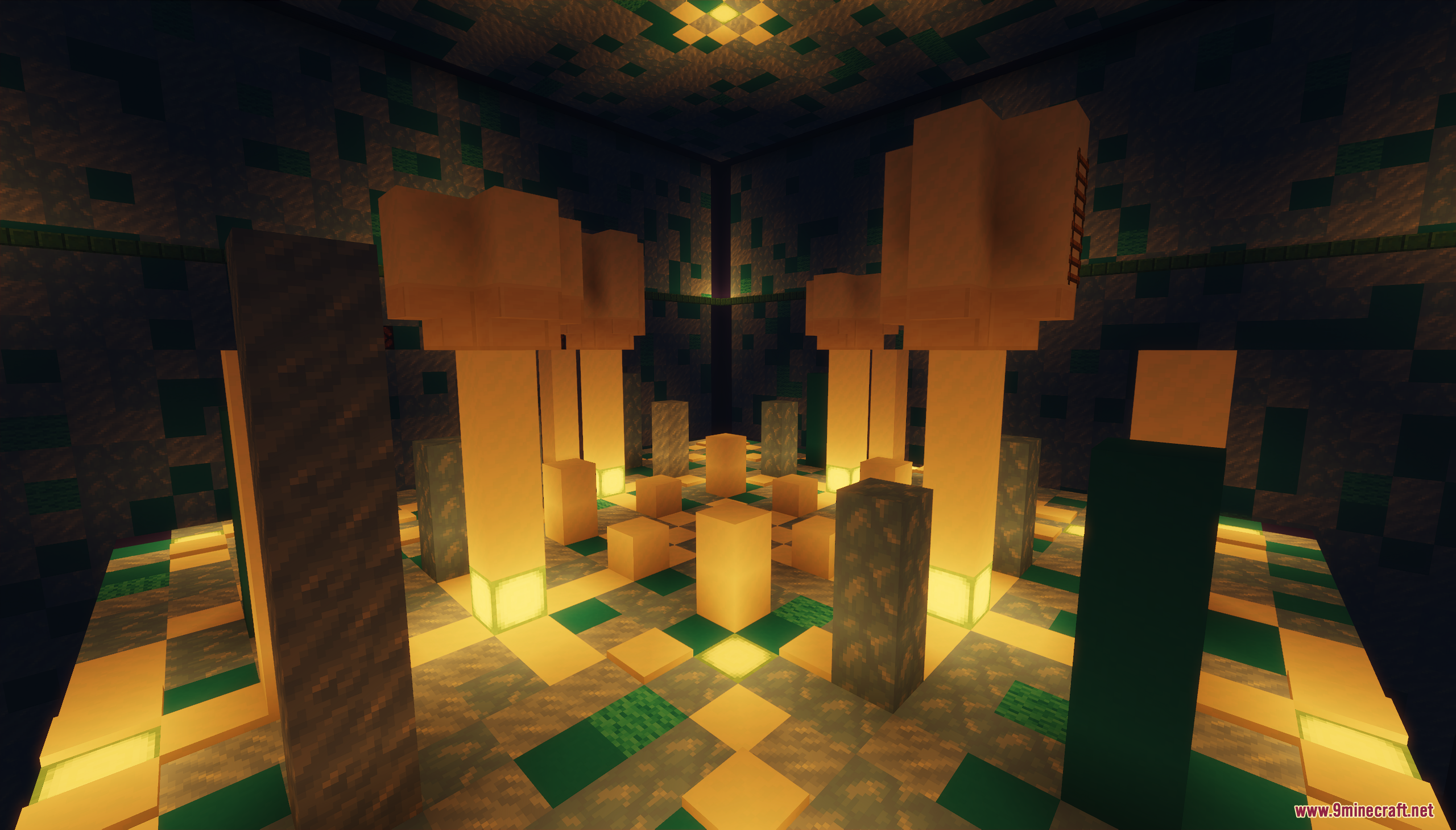 An abstract puzzle room with glowing mushroom-like structures