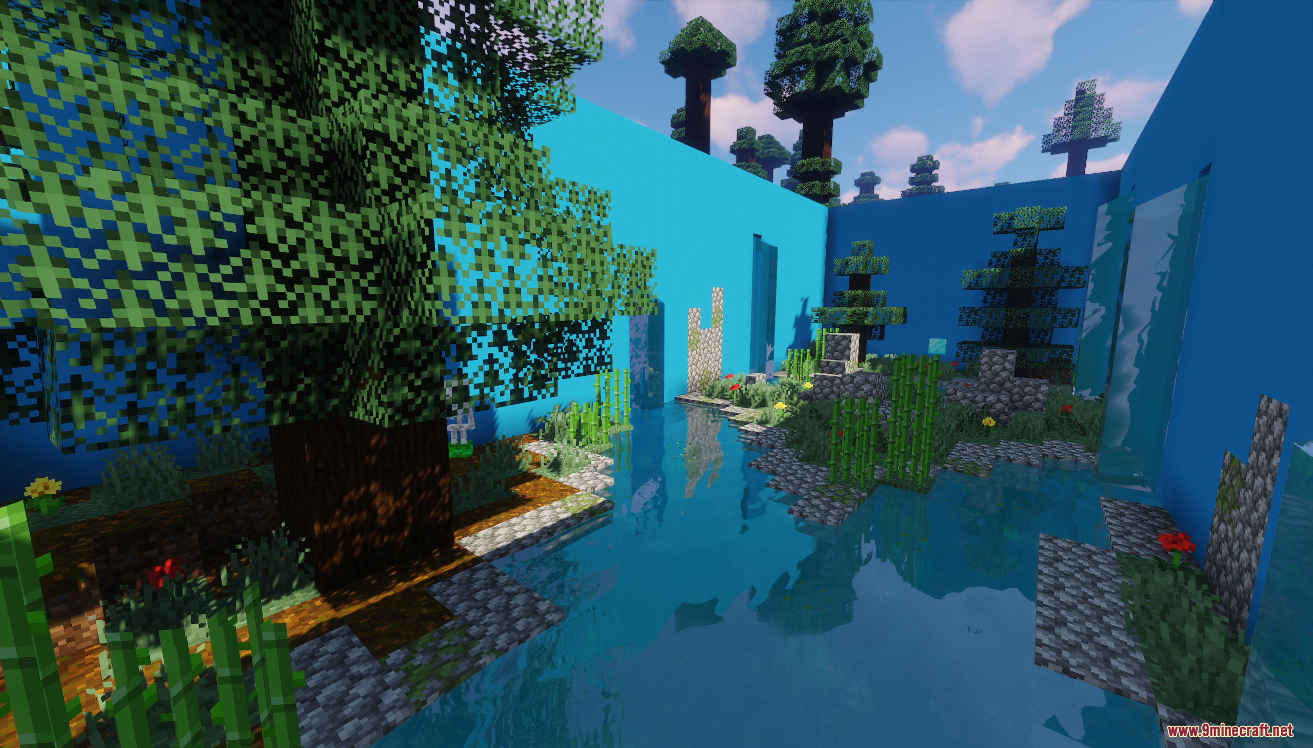 A serene water garden level with bamboo and trees