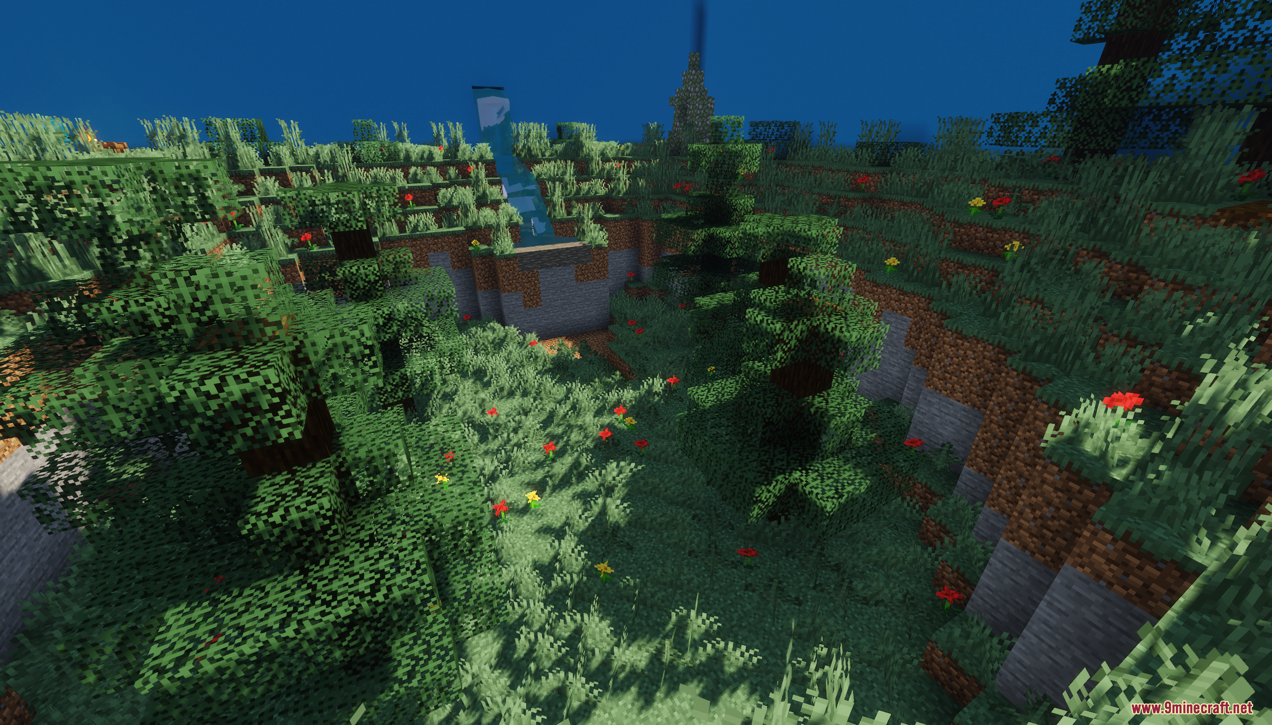 An overhead view of a lush, overgrown valley level