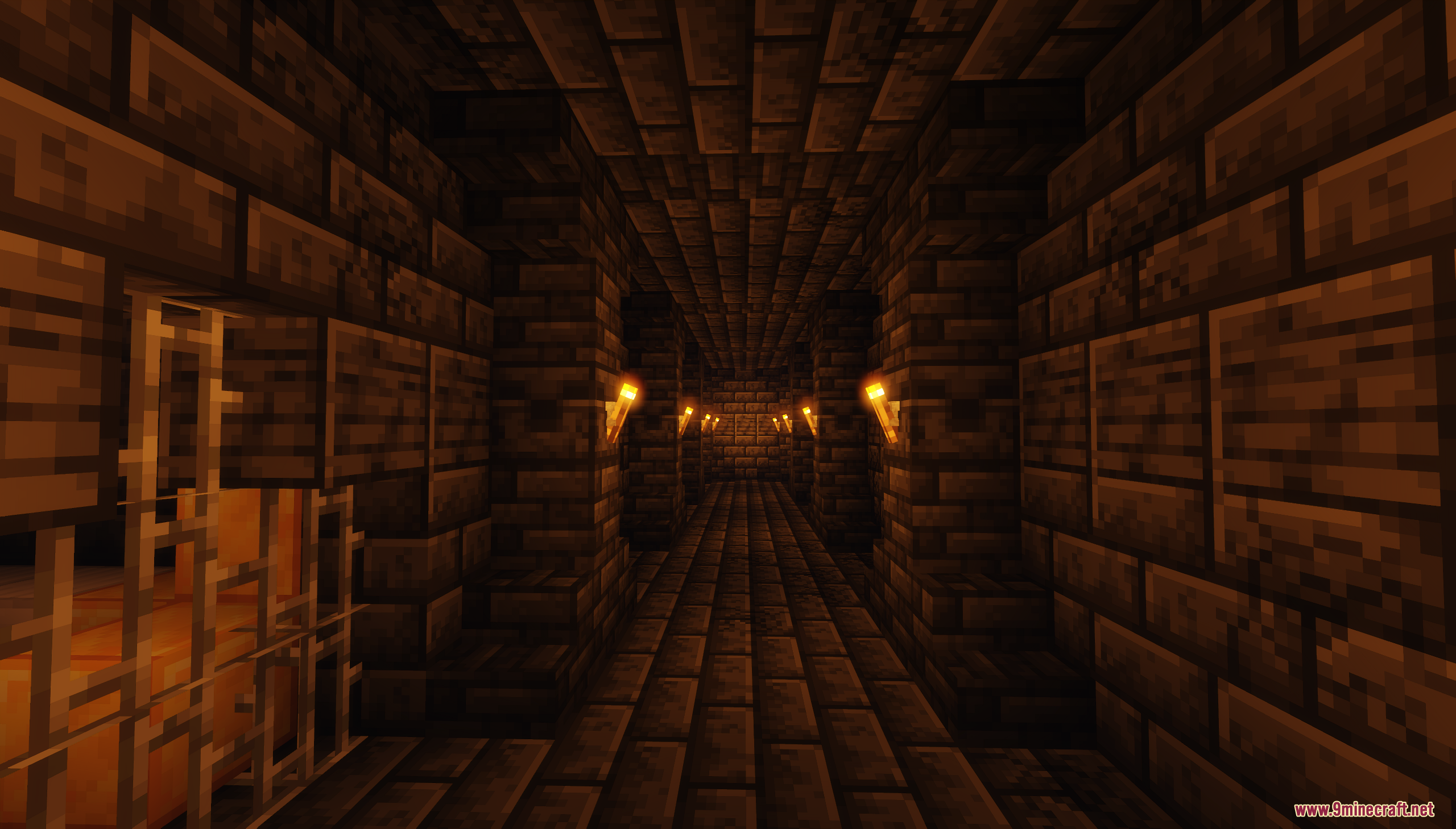 A long, torch-lit corridor made of stone bricks