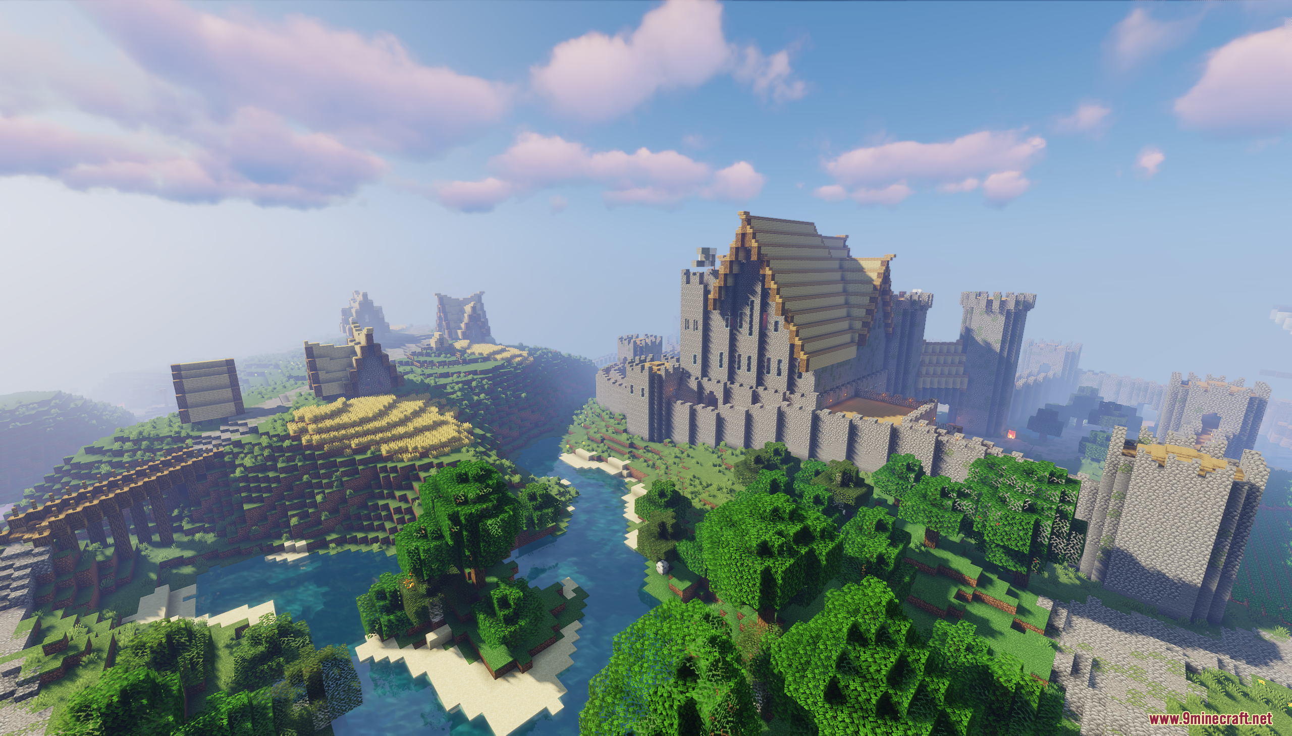 A large medieval stone castle built next to a river