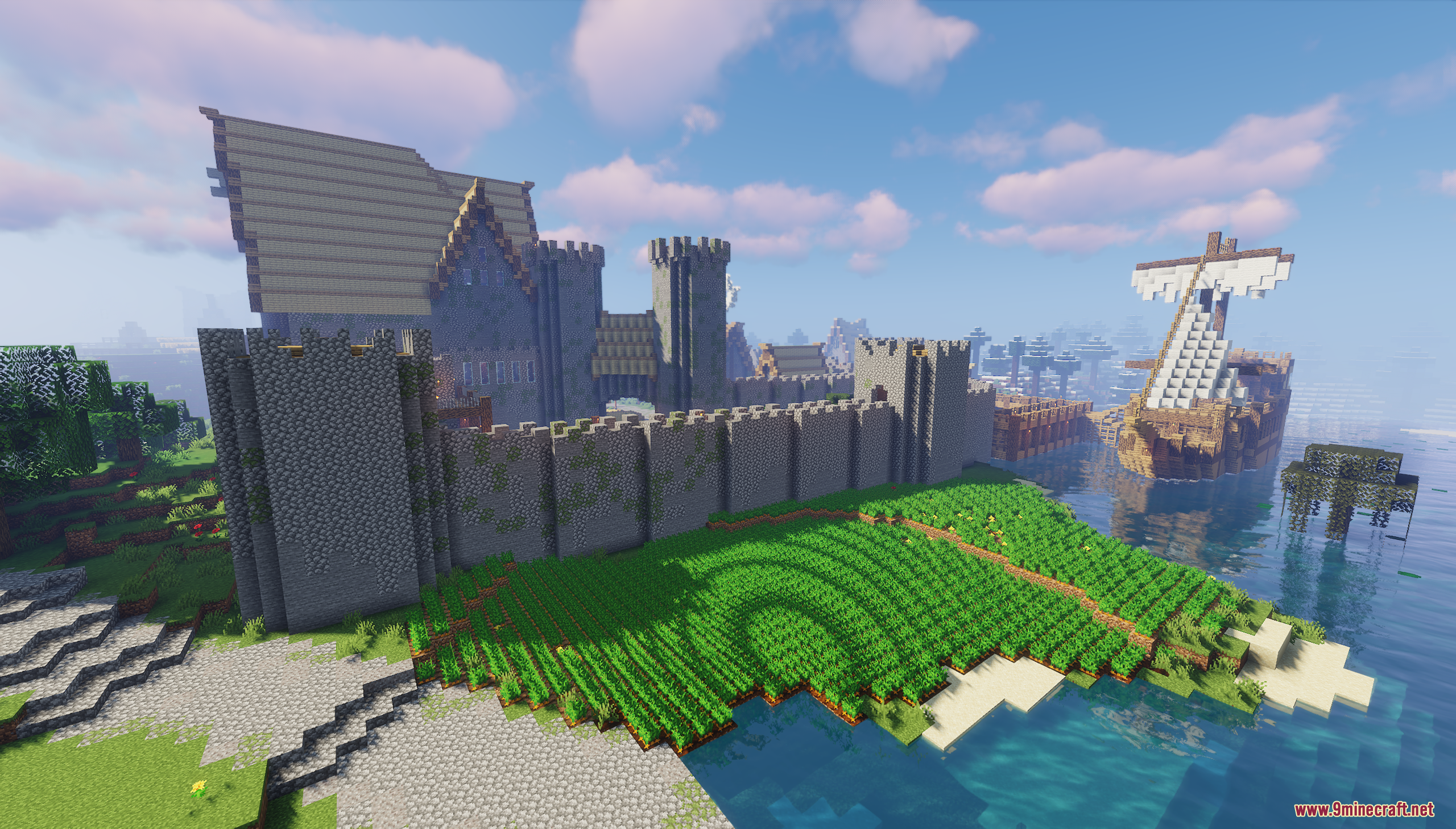 A large ship is docked near the castle's outer walls