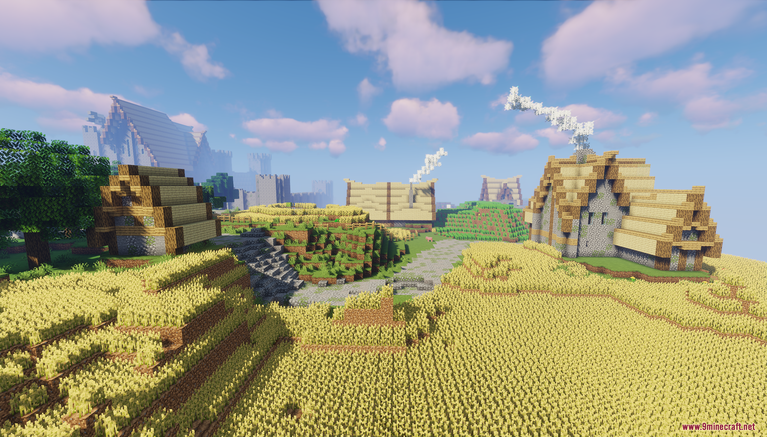 A medieval village with houses and sprawling wheat fields