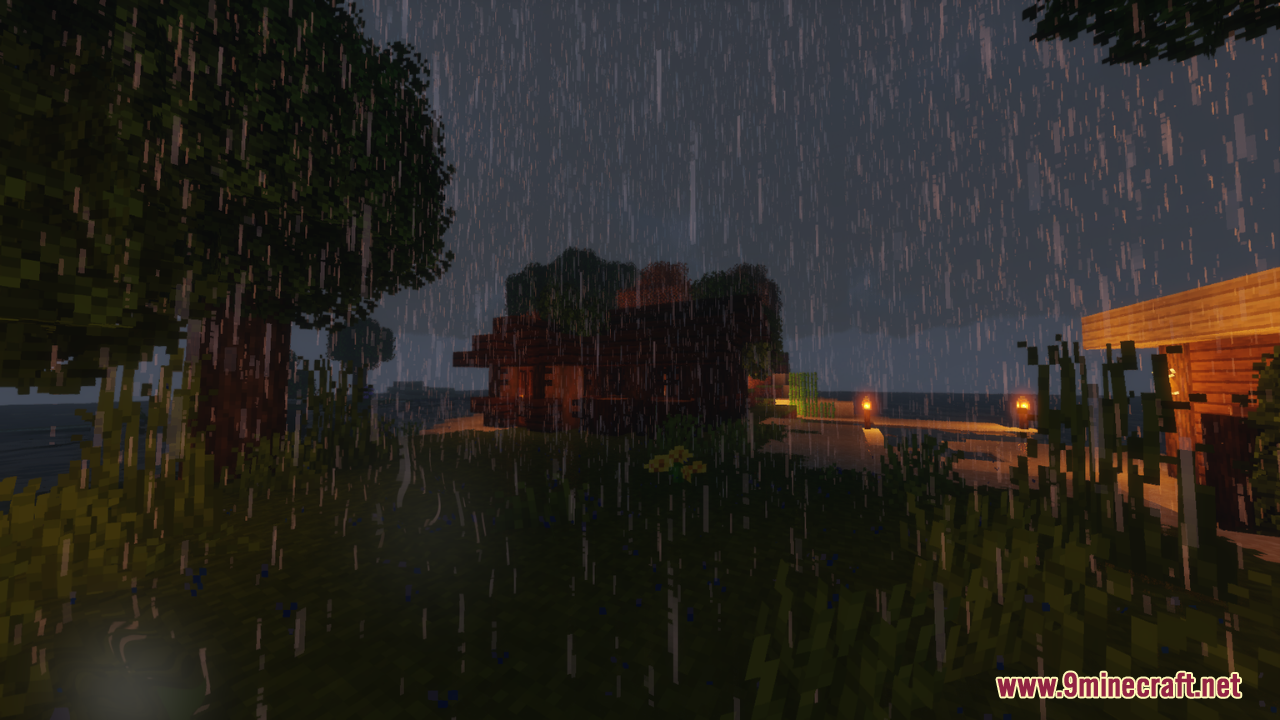 Heavy rain over a dark wooden house in the Vibrancy Pack