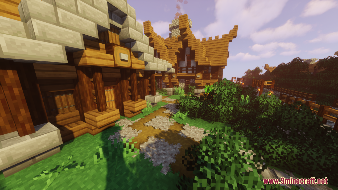 Lush village path with detailed wooden houses in the Vibrancy Pack