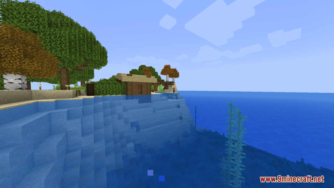 Vibrant blue water and coastal wooden hut using Vibrancy Pack