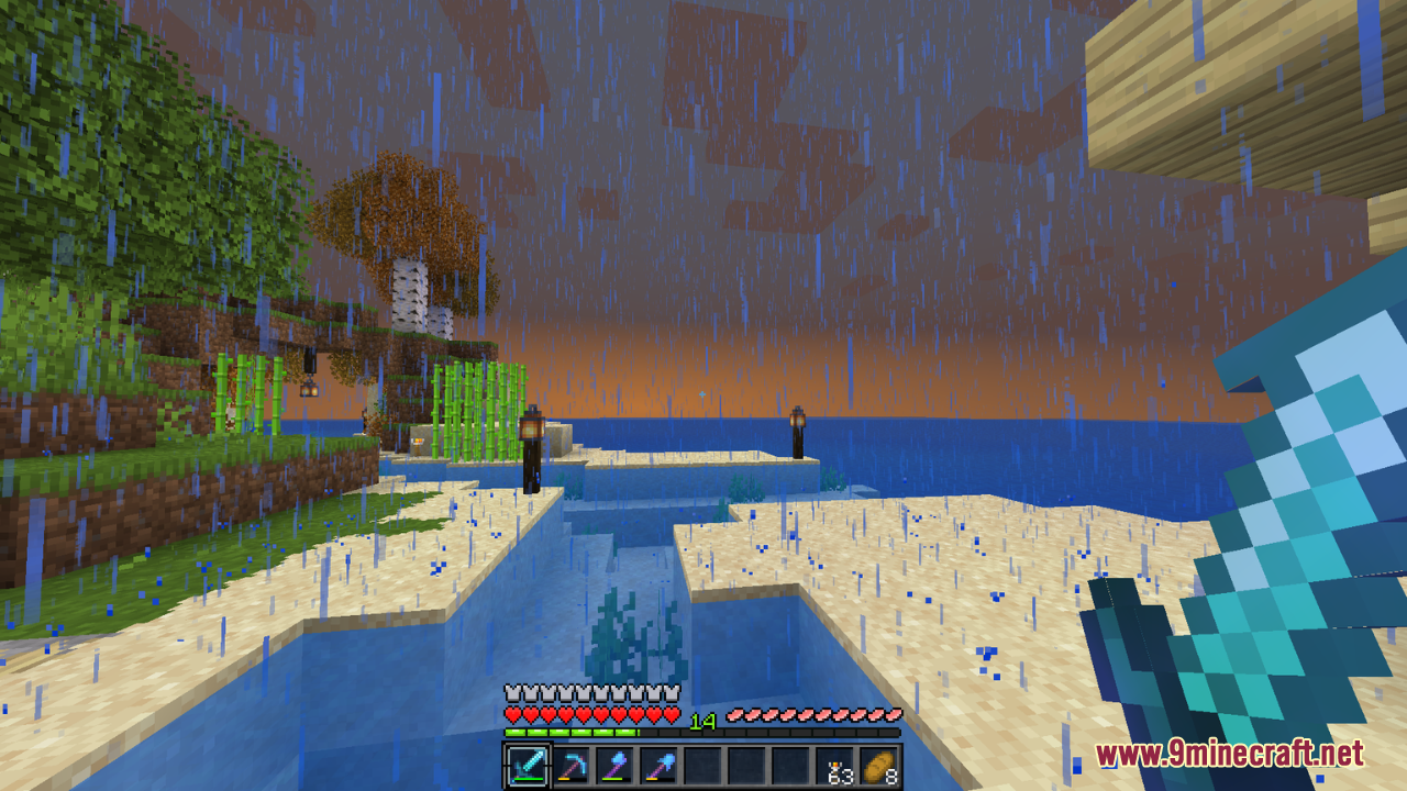 Player holding diamond sword in rain with Vibrancy Pack