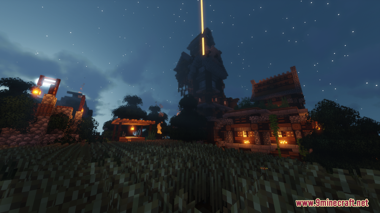 Village buildings and tall beacon tower at night with Vibrancy Pack