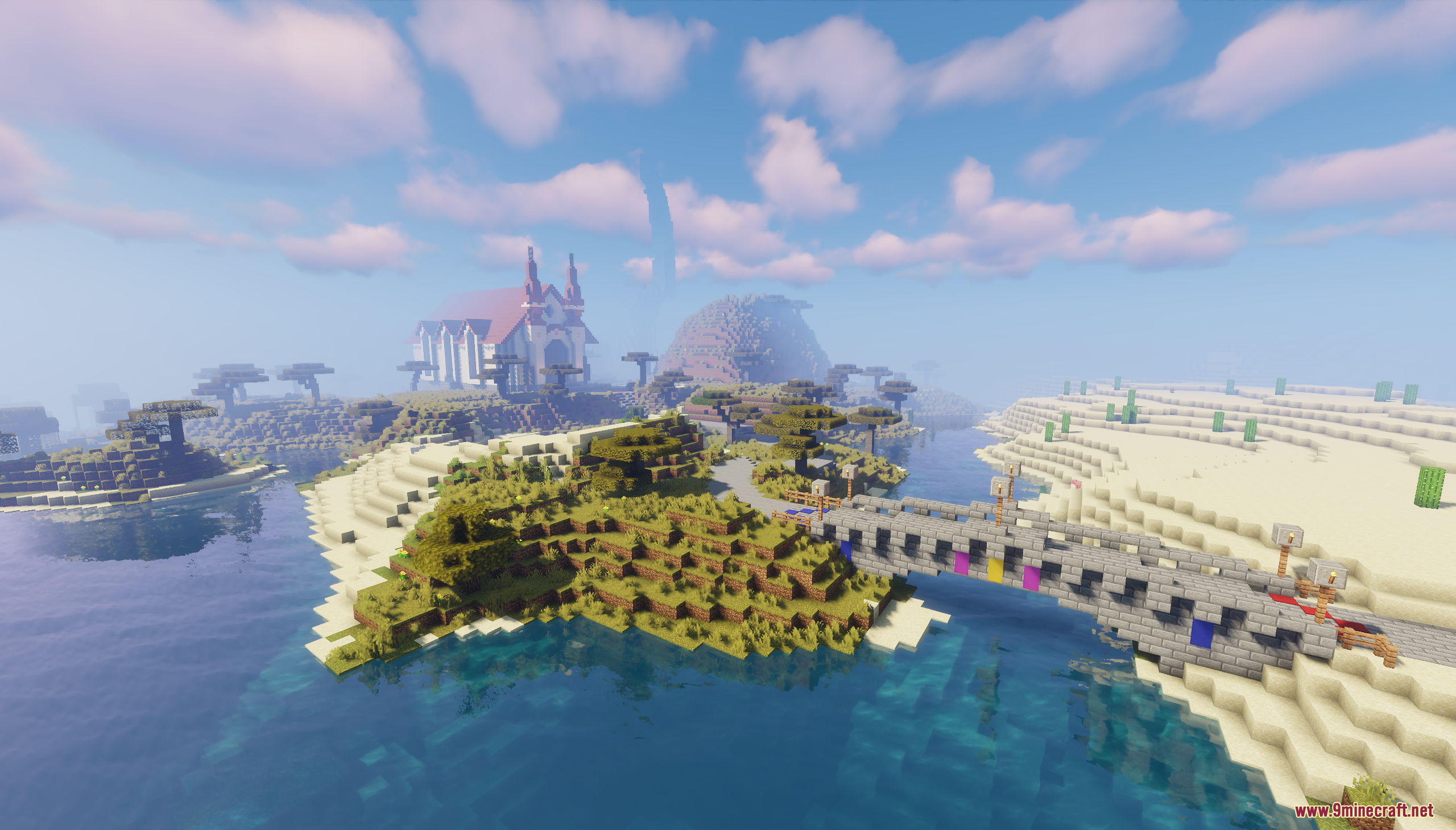 A large castle on an island connected by a bridge