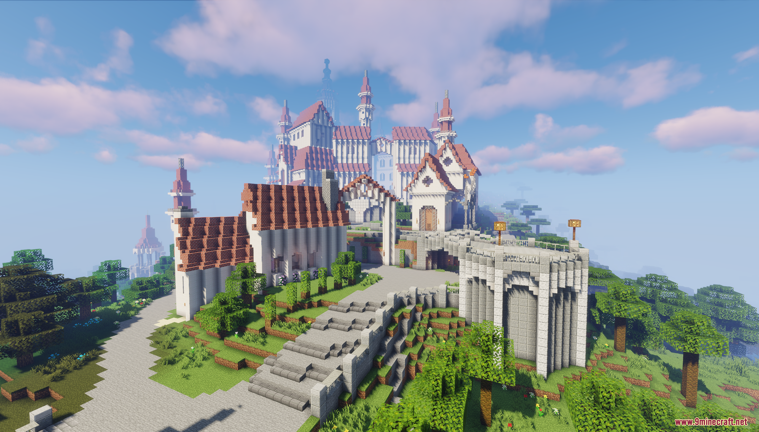 A stone path leading up to a large castle