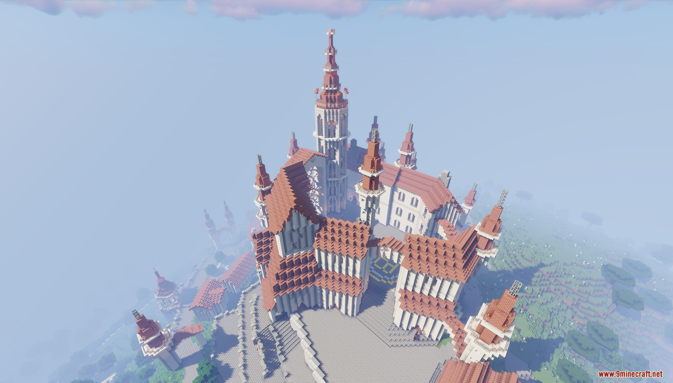 An aerial view of the grand Beauclair Palace castle