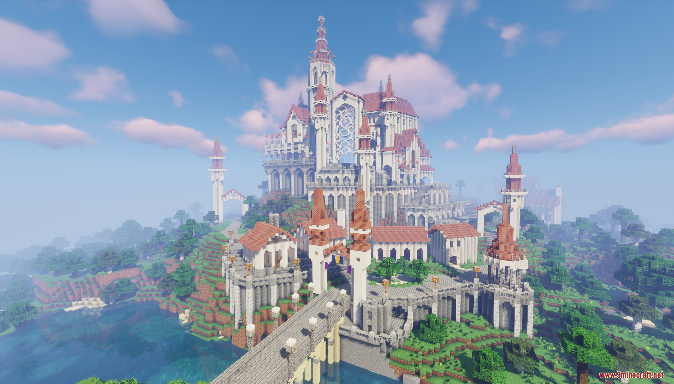 A magnificent white and red palace built on a large hill