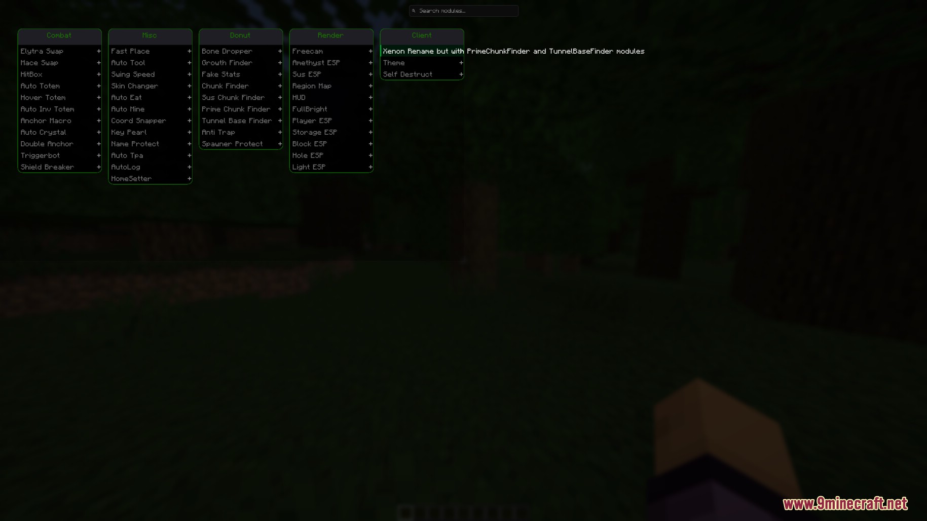 Green client interface menu displaying combat and render cheat options