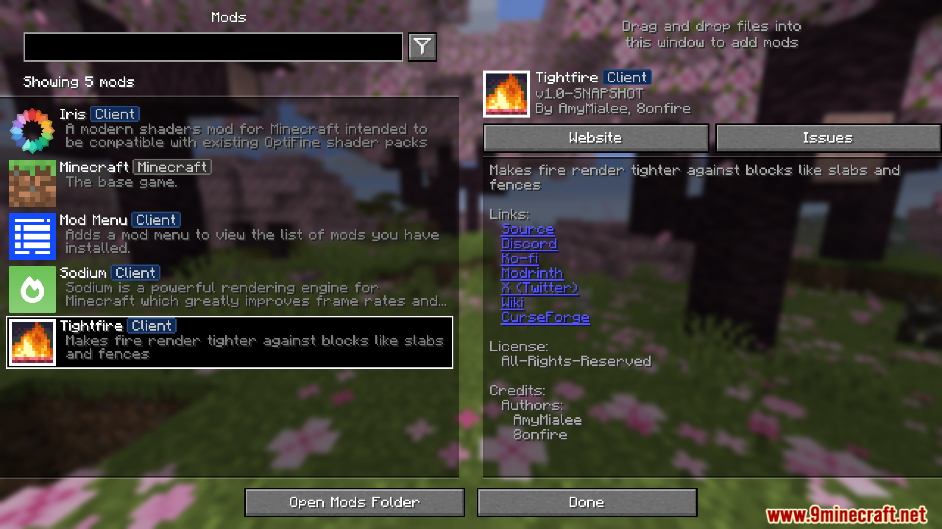Viewing the Tightfire mod details in the Minecraft mod menu
