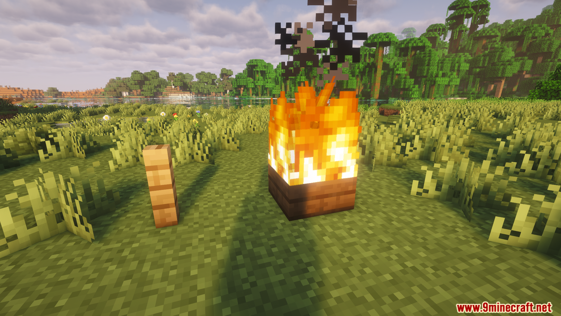 Fire rendering correctly on a wooden slab next to a fence