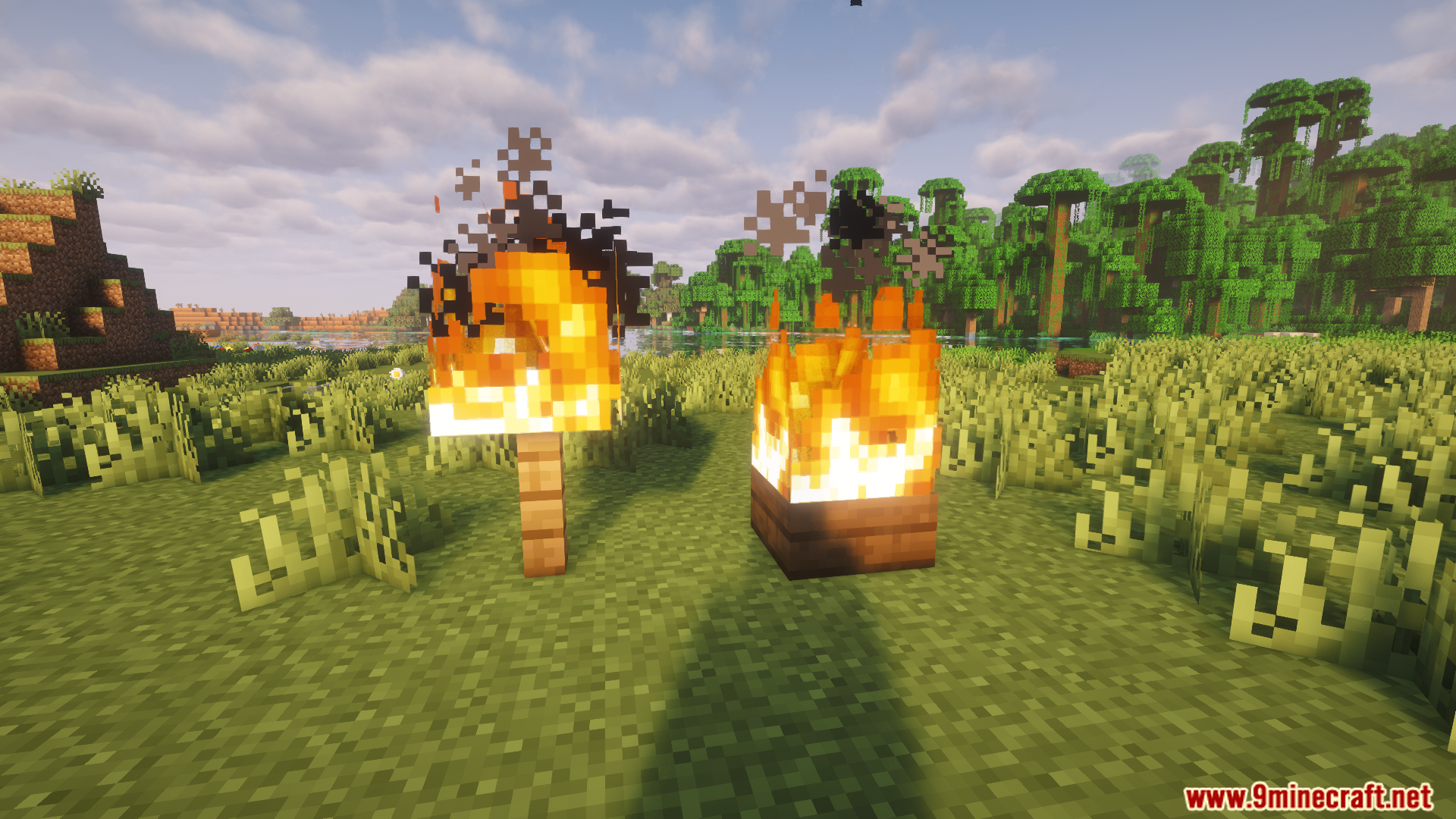 Fire burning tightly on both a wooden fence and a slab