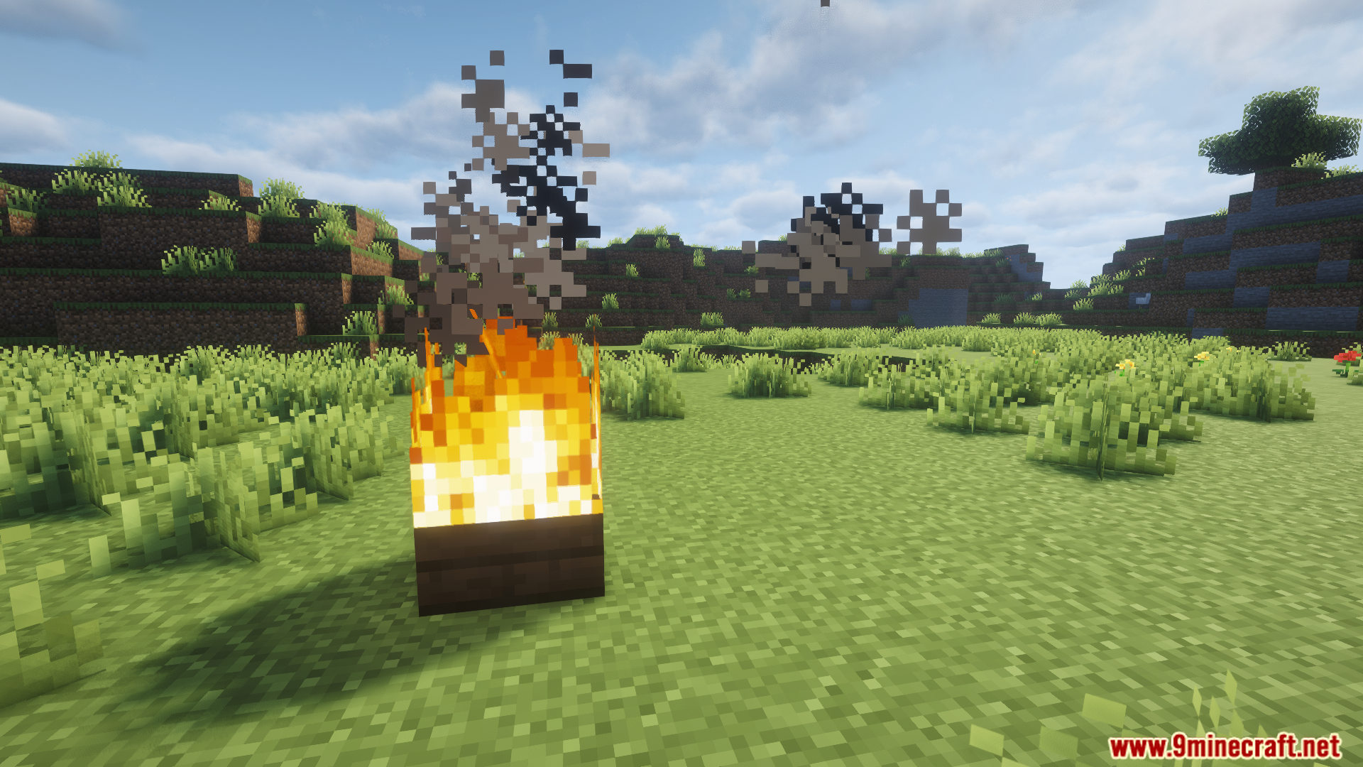 A single wooden slab block burning with fire and smoke particles