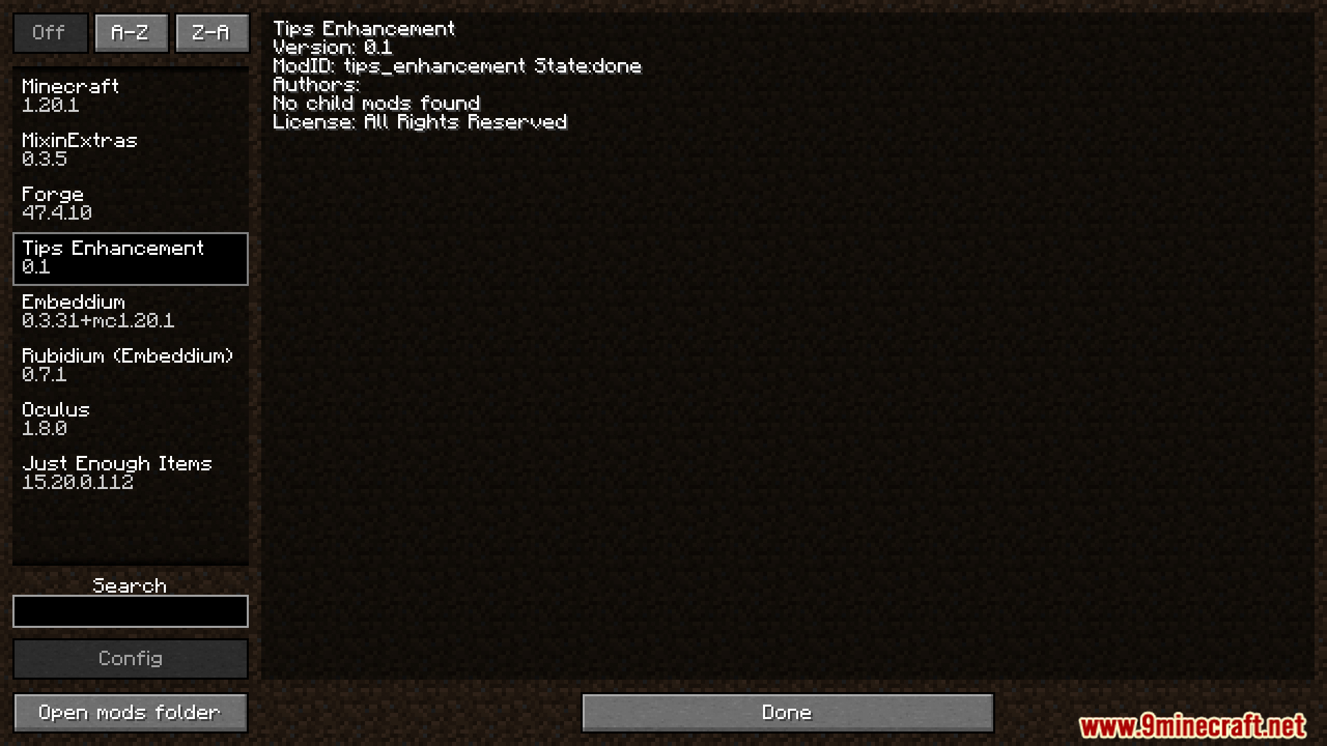 Tips Enhancement mod details in the mods menu