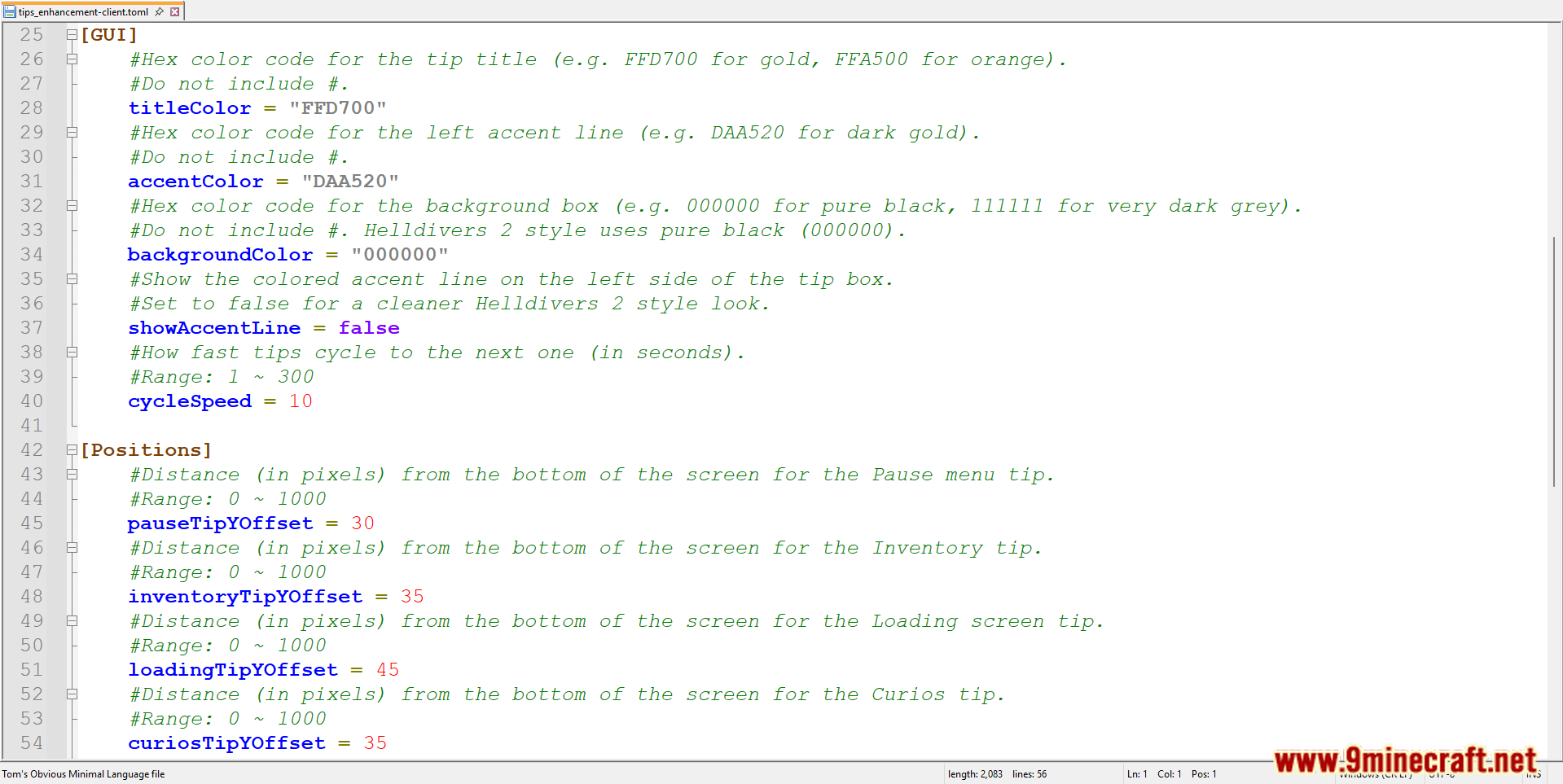 Customizing tip colors and positions in the configuration file