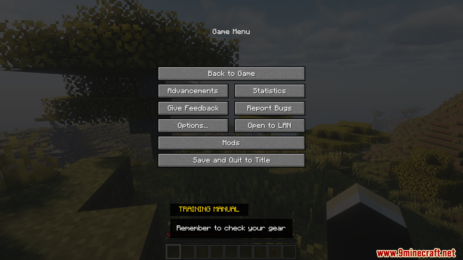 Custom training manual text on the pause menu