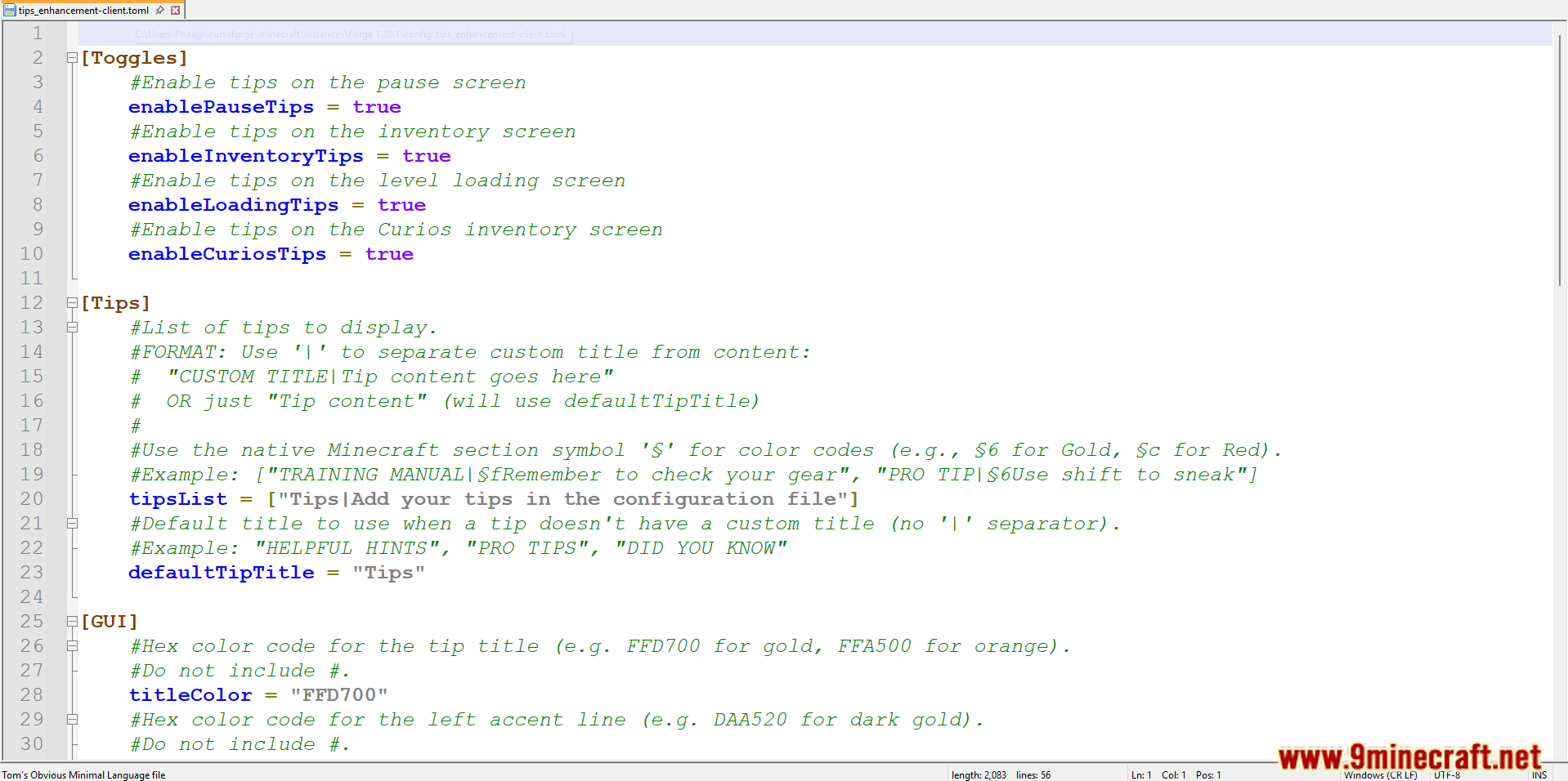 Configuring the Tips Enhancement mod's settings file