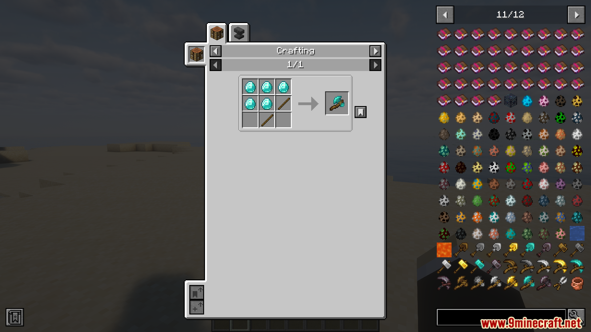 Crafting recipe for a diamond lumber axe in Minecraft