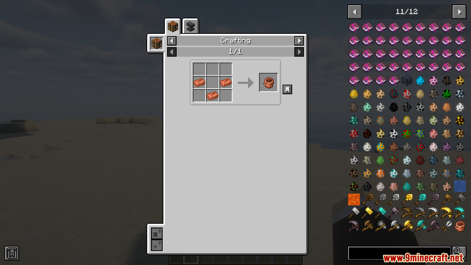 Crafting recipe for a copper bucket using three copper ingots
