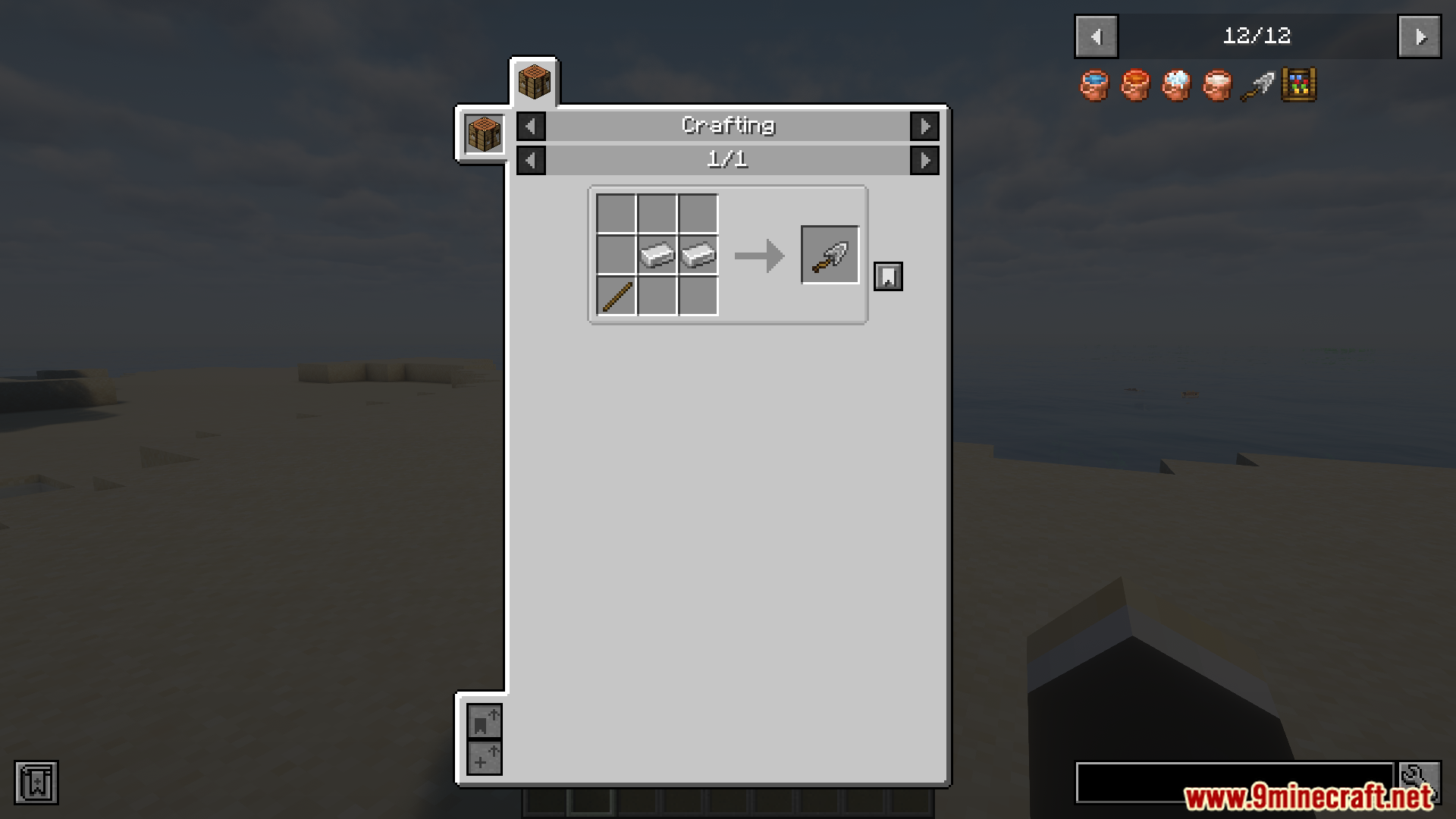 Player crafting a trowel tool with iron ingots and a stick