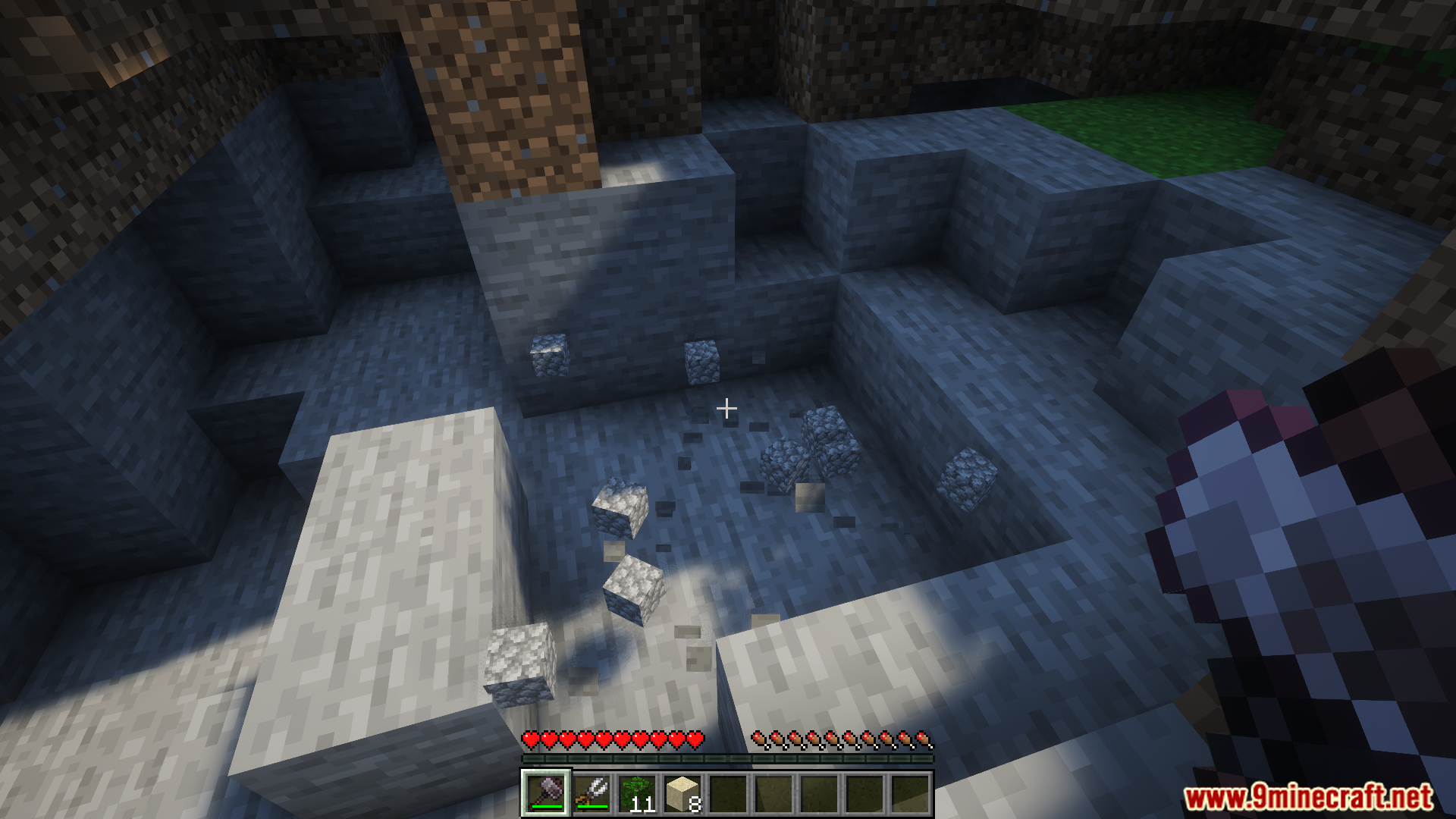 Hammer mining nine stone blocks at once dropping cobblestone as items