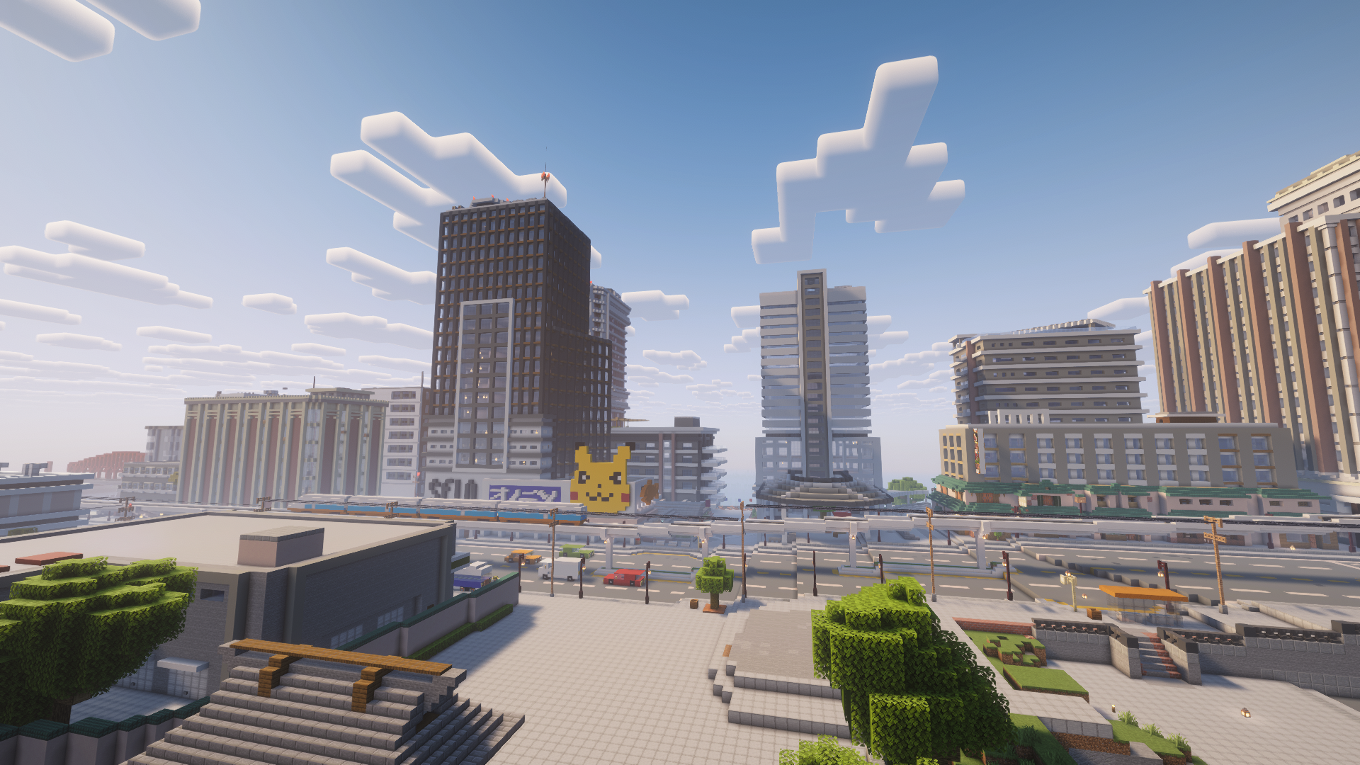 Modern city skyline featuring tall skyscrapers elevated train tracks and pixel art