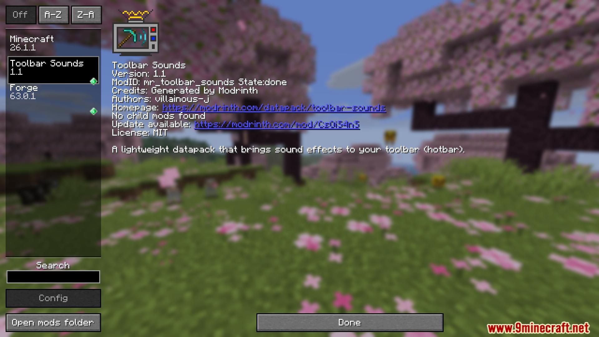 Mod menu displaying the Toolbar Sounds mod information and description
