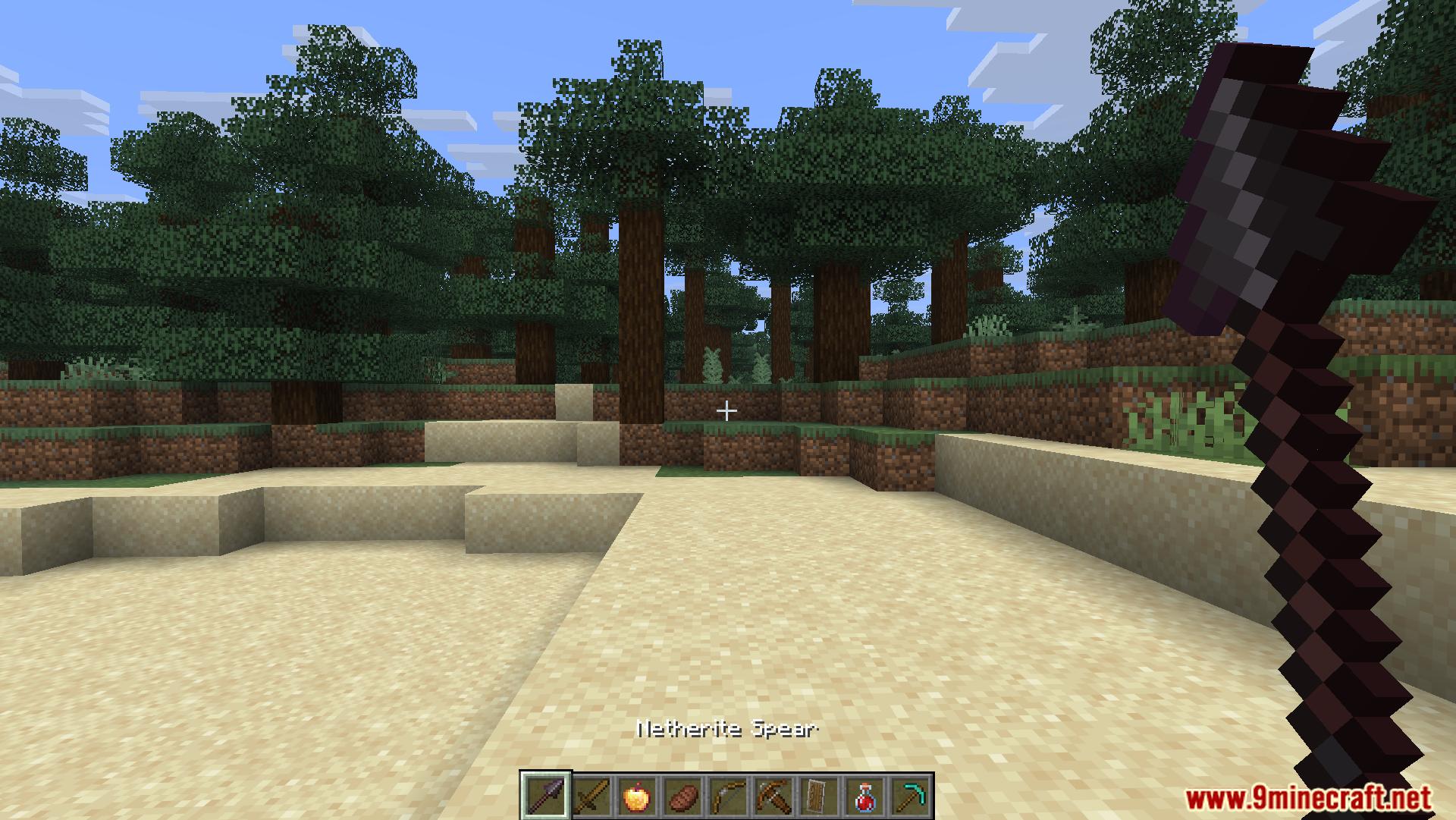 Player holding a Netherite Spear in a pine forest environment