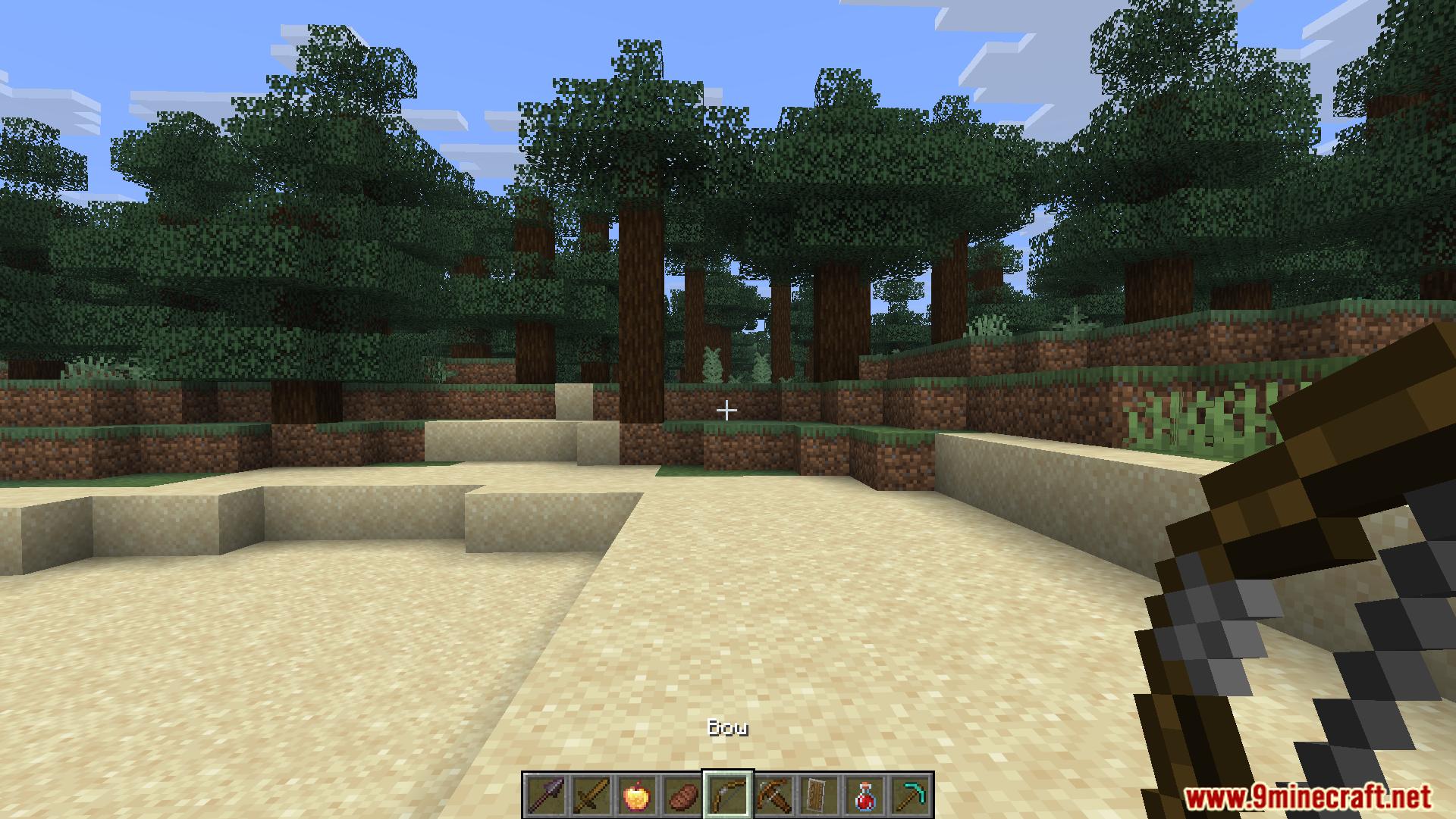 Player holding a bow in hand in a forest biome