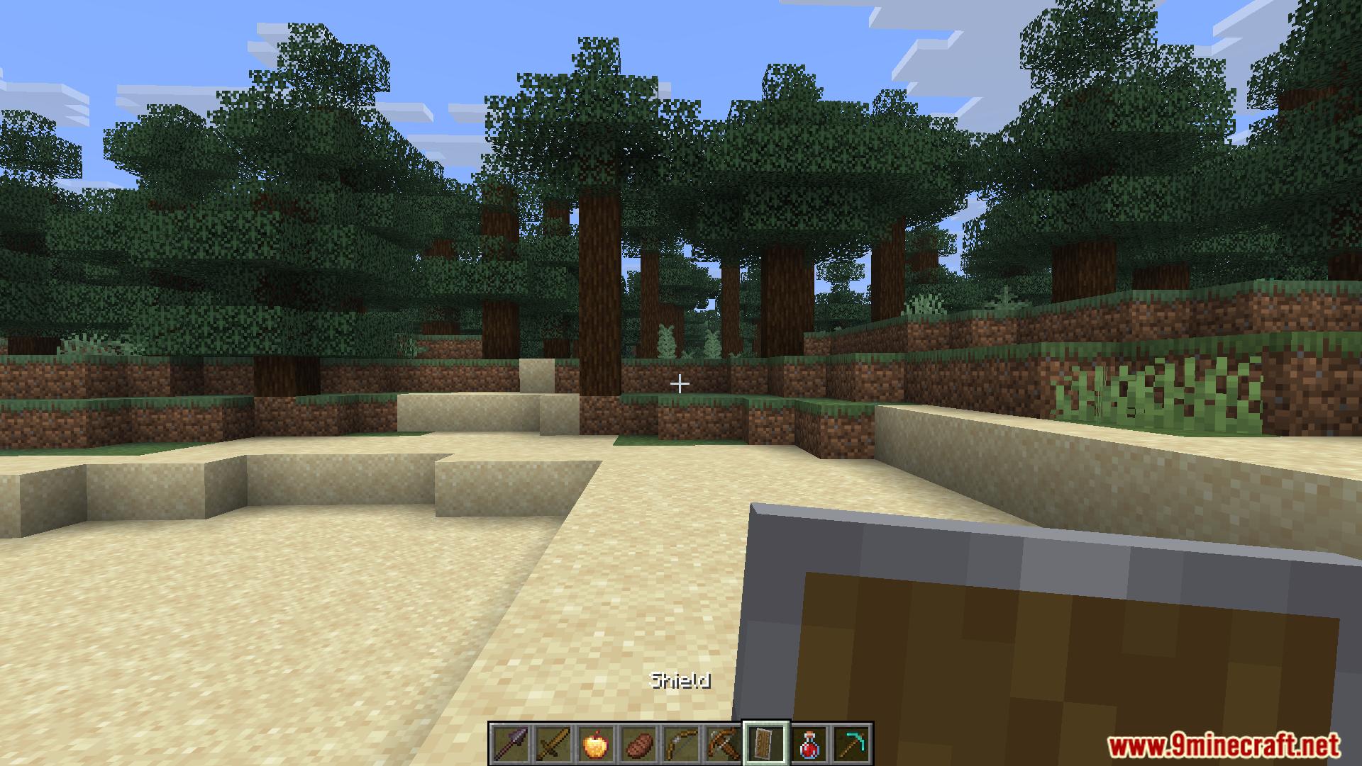 Player holding a shield in hand in a forest biome
