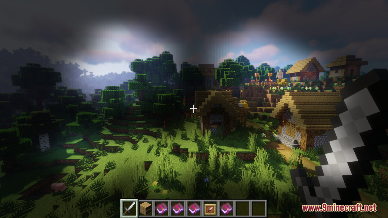 Viewing a village scene with clear pumpkin vision enabled